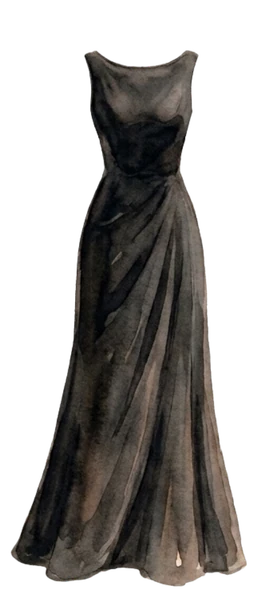 Watercolor illustration of a black evening gown.